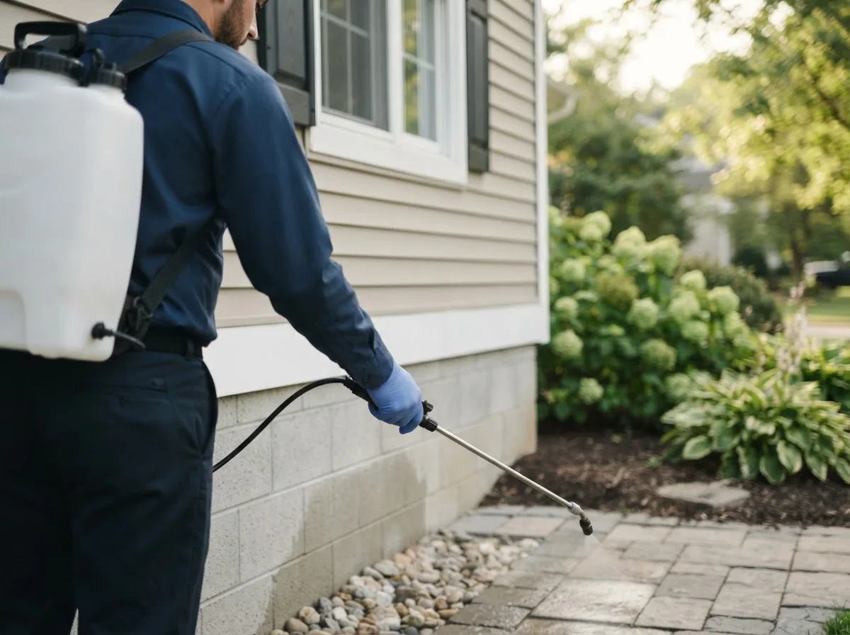 Pest control technician inspecting a home in Westside, IA